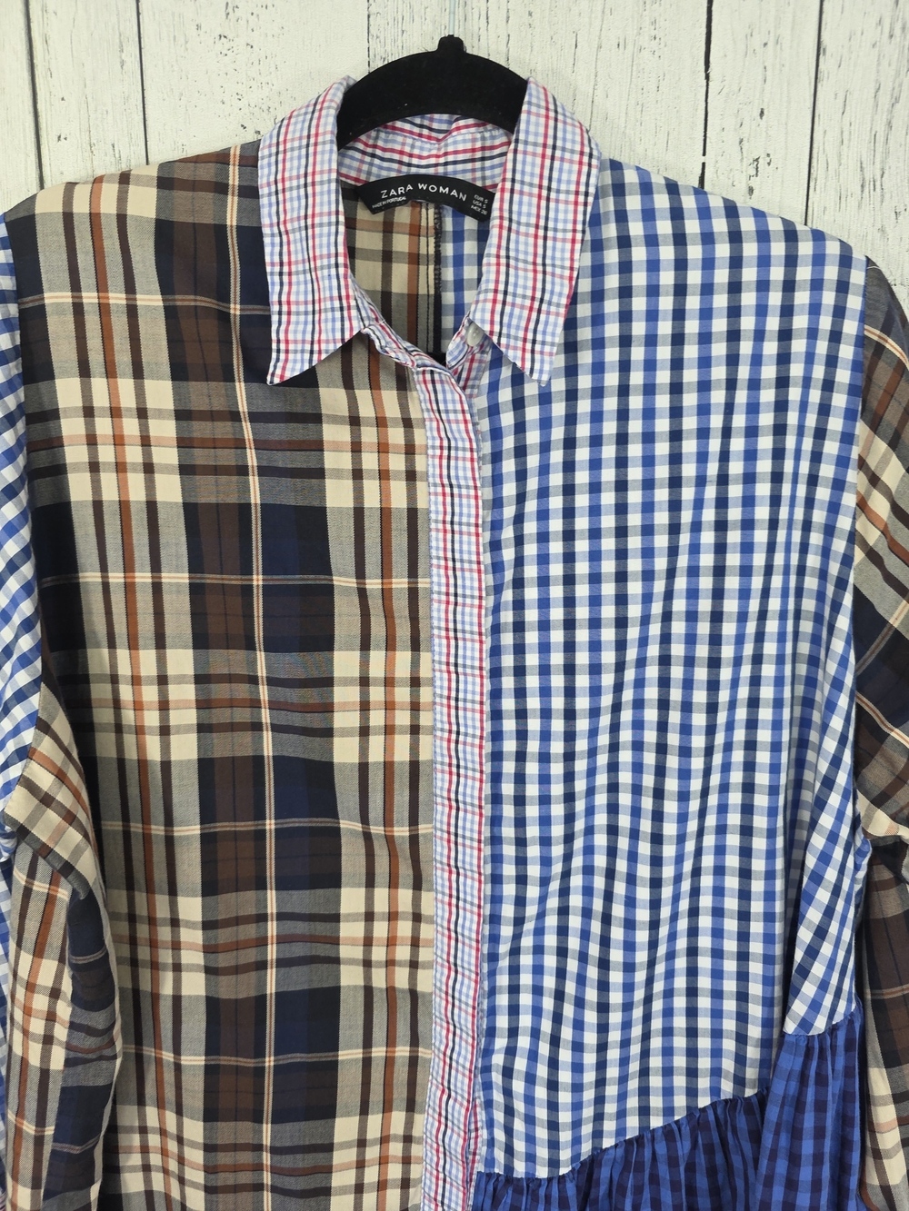 Zara Woman Patchwork Plaid Gingham Ruffle Shirt Size S Artsy Fall Fashion Preppy - Picture 5 of 14